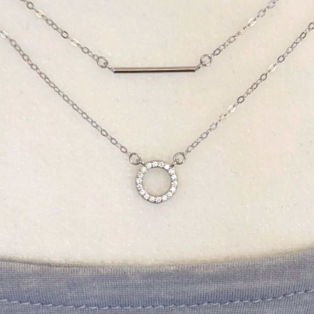 Sterling silver double layer bar & circle necklace
